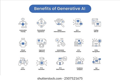 Generative AI Benefits Icon Set - Personalized Experience, Automation, Healthcare, and Education Focus. Vector Icons.