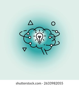 Generative AI Brain Icon with Glowing Light Bulb and Orbiting Geometric Shapes in Minimal Line Style