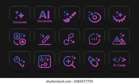 Generative AI button set Neumorphic design. Collection of futuristic soft UI UX buttons with simple icon elements. Asset to be used for web, mobile app, motion video