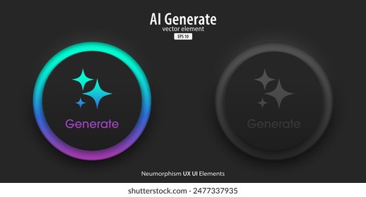 Generative AI buttons. A set of active and inactive black buttons with Generate AI symbols. Artificial intelligence learning technology concept. Neumorphism style, UI UX design, Vector illustration.