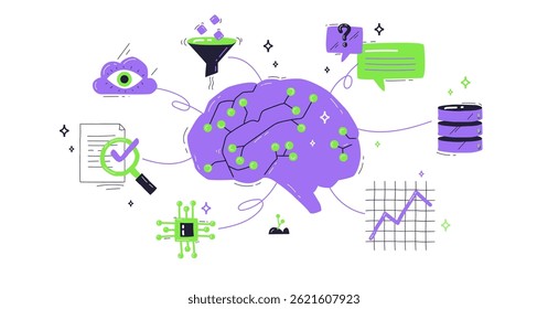 Generative AI concept with a brain, cloud, and data nodes, illustrating creativity and technology. Playful style