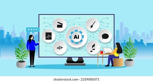 Generatives AI-Konzept mit Symbolen. Cartoon Vector People Illustration