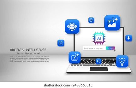 Generative AI concept. Tools for Generated icons on a laptop. Generate prompt concept bar on the screen. Large data processing, database concept. Vector illustration for web and template.