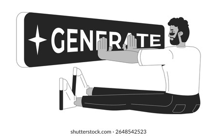 Generative AI for content generation line illustration concept. Black man activating artificial intelligence with generate button outline 2D character isolated. Ink linear metaphor vector art