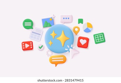 Generative AI and Digital Content Creation Concept with Social Media, Documents, Analytics and Multimedia Icons