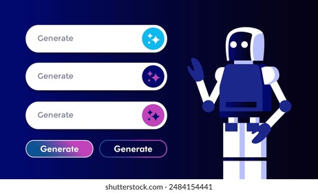 Generative AI fill bar and button user interface, robot illustration representing artificial intelligence. UI UX graphic design for website, mobile app