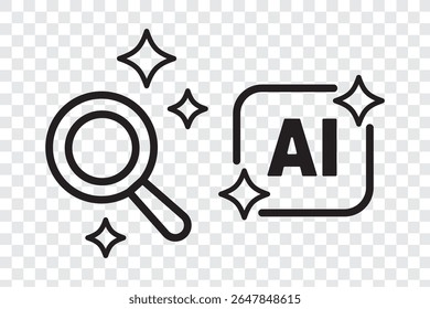 Generative AI icon, containing search symbol with magic sparkle stars, search magnifying glass , Artificial intelligence sign, vector illustration