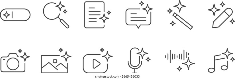 Símbolo del logotipo del ícono del IA generativo, signo de la inteligencia artificial, incluyó la música generada, la generación de la Imagen, la magia, las estrellas brillantes y más íconos. Trazo de Vector editable.