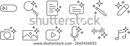Generative AI icon logo symbol, Artificial intelligence sign, It included music generated, image generate, magic, sparkle stars and more icons. Editable Vector Stroke.