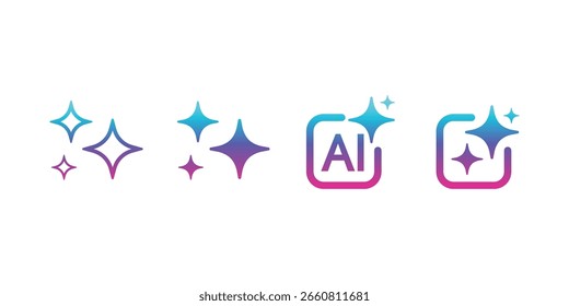Conjunto de inteligência artificial AI gerar ícones. AI estrela cintilante com ícone quadrado. Tecnologia de inteligência artificial e conceito de aprendizagem de máquina. Gerar símbolo para aplicativo e Web