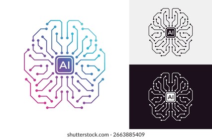 Estilo de linha do circuito de inteligência artificial. Design de aprendizado de máquina. Tecnologia digital de rede inteligente. IA Ilustração vetorial