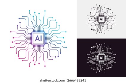Conjunto de Inteligência Artificial AI Ícones e Logotipos - Aprendizagem de Máquina, Redes Neurais, Automação, Smart Tech, Dados, Circuitos, Microchips e Digital Inovação Vetor Icon Concepts