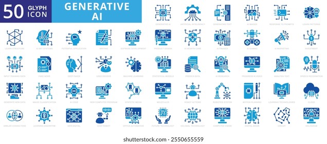 Generative AI icon set with code, investment, pattern, technology, art, cloud, marketing, global, artificial intelligence, learning, research, writing, machine, health care, hologram, and system