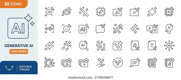 Generative AI icon set. Contain icons related to creative artificial intelligence, text, images, videos, search and data by AI, and more. editable stroke. Vector illustration
