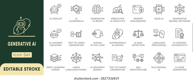 Generative AI icon set. Featuring large language models, AI chatbots, prompt engineering, neural networks, multimodal AI, and text-to-image generation. Professional editable vector illustration.