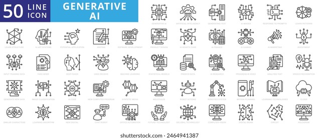 Generative AI icon set with generating text, images, response to prompts, learn patterns, structure and input training data.