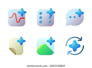Generative AI icon set, vector, in 3d style, for technology, computer, digital, ai, creative, etc.