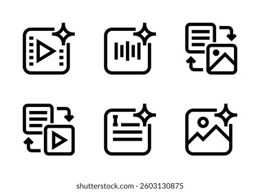 Generative AI icon set, vector, in line style, for technology, ai, artificial intelligence, graphic design, web, etc.