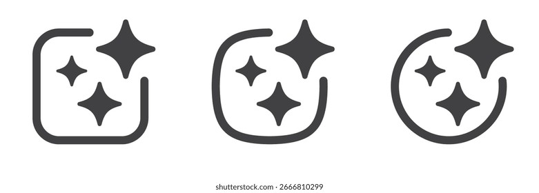 Generative AI icons. Creativity and AI generate icon minimal. Magic sparkle star with square and round line symbol. AI assistant chatbot. Web user interface for UI UX design. Vector illustration.