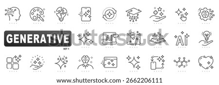 Generative AI linear icons depicting creativity, sparkle magic, digital brain, mobile touch, chatbot laptop, education, healthcare, innovative future technology concepts
