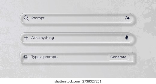 Generative AI liquid glass bar in three different styles on gray texture background. Transparent glassmorphism prompt, image generated panel for website or app UI design