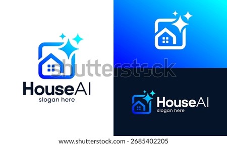 Generative Ai logo design. House building icon with magic sparkle stars graphic design. Ai home symbols. Artificial intelligence symbol icon element for app and web