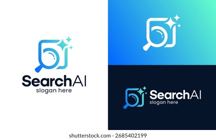 Generatives Ai Logo Design. Suchsymbol mit magischen funkelnden Sternen Grafikdesign. Lupensymbole. Symbolelement für künstliche Intelligenz für App und Web