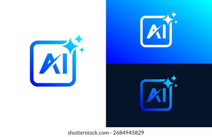 Generative Ai logo design. sparkling star graphic design with AI in square button. Artificial intelligence symbol icon element for app and web
