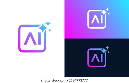 Diseño generativo del logotipo de Ai. Diseño gráfico brillante de la estrella con AI en Botón cuadrado. Inteligencia artificial símbolo icono elemento para App y Web