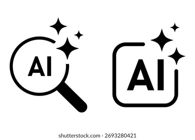 Icono de logotipo de IA generativo. Icono de la Búsqueda con el símbolo mágico de las estrellas de la chispa, signo de la inteligencia artificial, signo de lupa de lupa. Vector Icono generado por la IA. Ilustración vectorial. eps 10