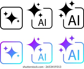 Conjunto de iconos de logotipo de IA generativo. Aire con iconos de estrellas brillantes. Firma de asistente de ayuda de computadora. Herramientas para generar a partir de texto. Grande concepto de procesamiento de datos.