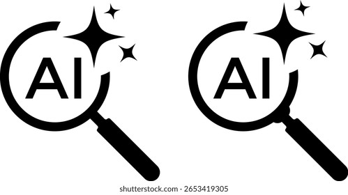 Logotipo de IA generativo con el símbolo de búsqueda. lupa de lupa. símbolo de estrellas brillantes mágicas. Signo de inteligencia artificial
