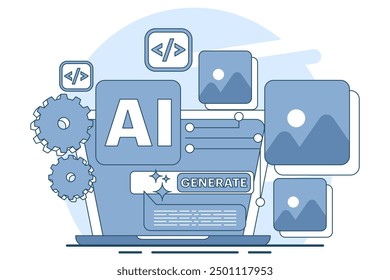 Generatives KI-Modell-Trainingskonzept mit Big Data im maschinellen Lernen. Erstellung von KI-Inhalten mit KI-unterstütztem Assistenten zum Schreiben von Artikeln, Codierung künstlicher Intelligenz. Vektorgrafik.