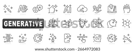 Generative AI outline icon set showcasing creativity, design, idea lightbulb, neural network, automation, cloud, chat, mobile, vector, editable stroke, workflow