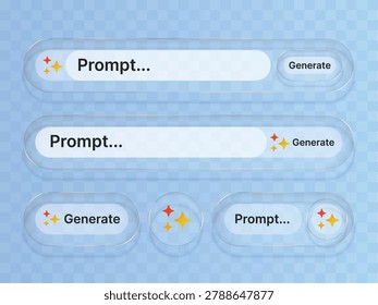 Generative AI Prompt Search Bar UI Elements in Liquid Glass Style with Transparent Glassmorphism Generate Buttons Vector