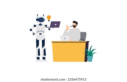 Generative AI robot work in office with people illustration