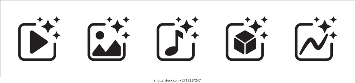 Conjunto de iconos de servicio de IA generativo. Símbolos de herramientas de creación de contenido de IA. Video Imagen de iconos de generación de datos 3D de música de audio. Servicios de plataforma de inteligencia artificial. Tecnología de IA moderna UI UX App Vector.