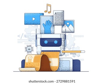 Generative AI showing a AI robot learning from human-made training data to generate new music, text, images, videos. depict how Generative AI work to generate new synthetic content