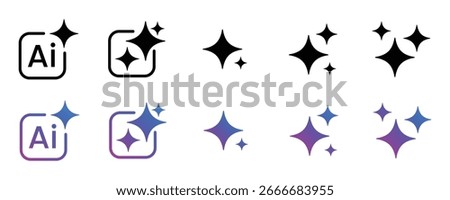 Generative ai sparkle icon set for adobe illustrator, vector collection of clean star symbols, shiny glitter effects in black and gradient for new magic features