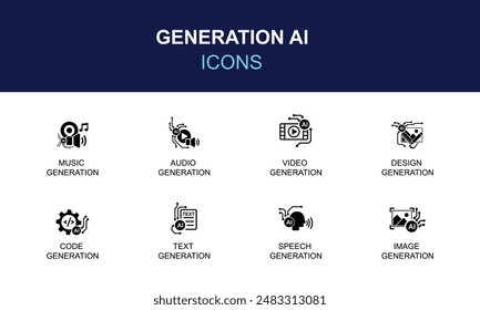 Generative AI technology isolated icons set. Set of artificial intelligence technologies and solutions, machine learning, video generation, ai image generator, chat bot vector icon