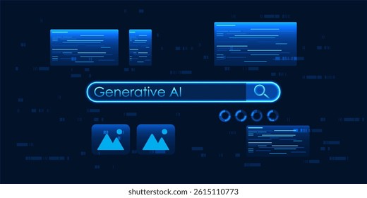 Generative AI technology with magnifying glasses reflects AI's ability to create content in various forms, whether it be text, images, audio or code. New technology and innovation.