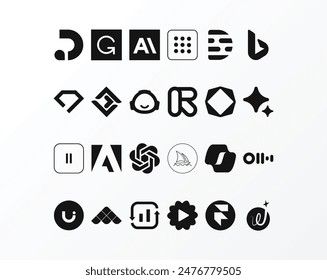 Generative AI tools icons and symbols- ChatGPT, OpenAI, Dall-e, Runway, Midjourney, Perplexity, text to video, Text to image
