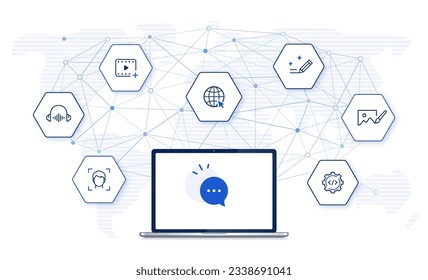 Casos generativos de uso de IA con iconos: contenido visual, texto, audio, generación de código. chat con AI usando laptop, red digital y fondo de mapa mundial