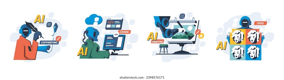 Generative art. AI generated abstract paintings, machine learning creative process and precision drawing. Vector modern art illustration. Automated copywriting, coding cartoon concept