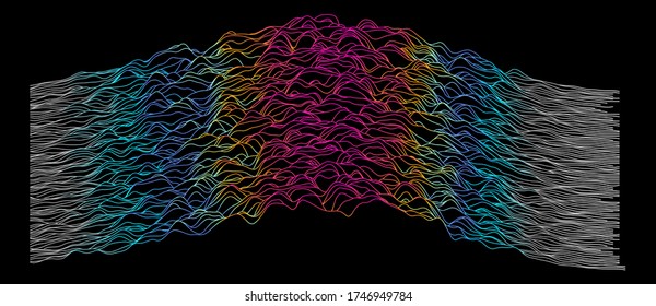 Generative art and data visualization of simplex noise. Analog and digital line waveforms, sound waves, equalizer and recording concept.