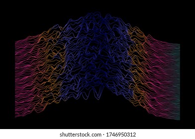 Generative art and data visualization of simplex noise. Analog and digital line waveforms, sound waves, equalizer and recording concept.