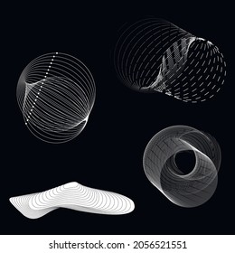 Generative art set. Abstract shapes. Elements modern circle design template. Twist lines. Flow lines in circle form. Spiral geometric shapes. Vector illustration.