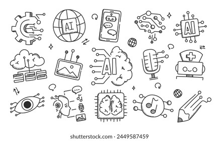 Generative artificial intelligence related icon set vector isolated. Doodle illustration, concept of modern technology. Chat bot, computer creates art. AI innovation. Video, audio and text creation.