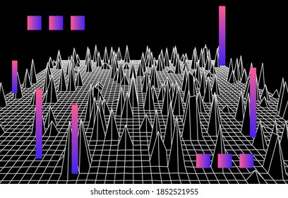 Generative computer art and complex information visualization concept. Glitched and distorted polygonal 3d surface, graph or map mathematical function.
