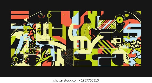 Generative design artwork graphics of bizarre computer vector generated shapes and abstract geometric design elements, useful for web background, poster fine arts, front page covers and digital prints
